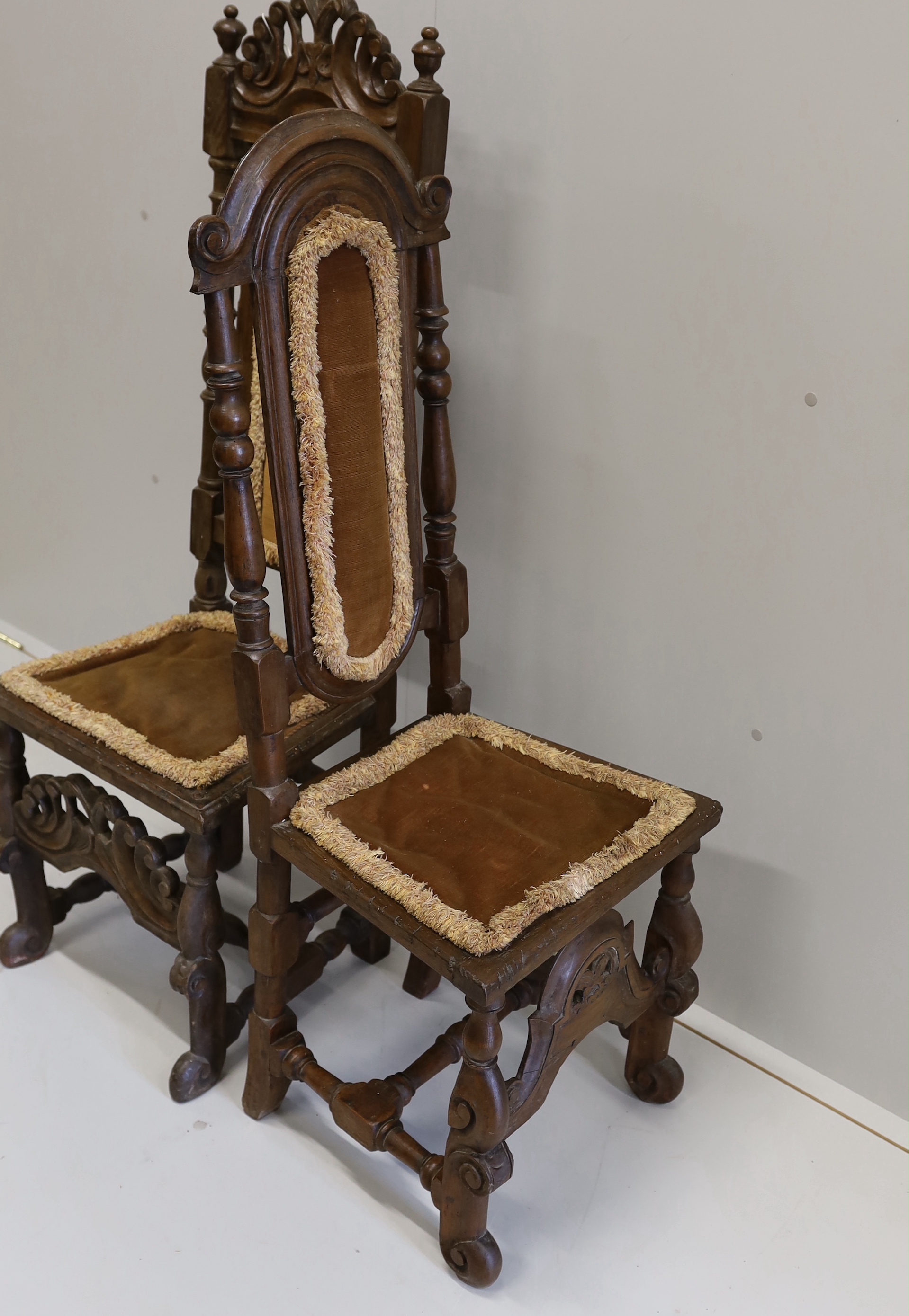Two 18th century oak high back dining chairs, larger height 128cm